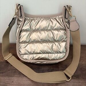Quilted Puffer Crossbody Bag Metallic Gold Purse Adjustable Strap Travel Pouch